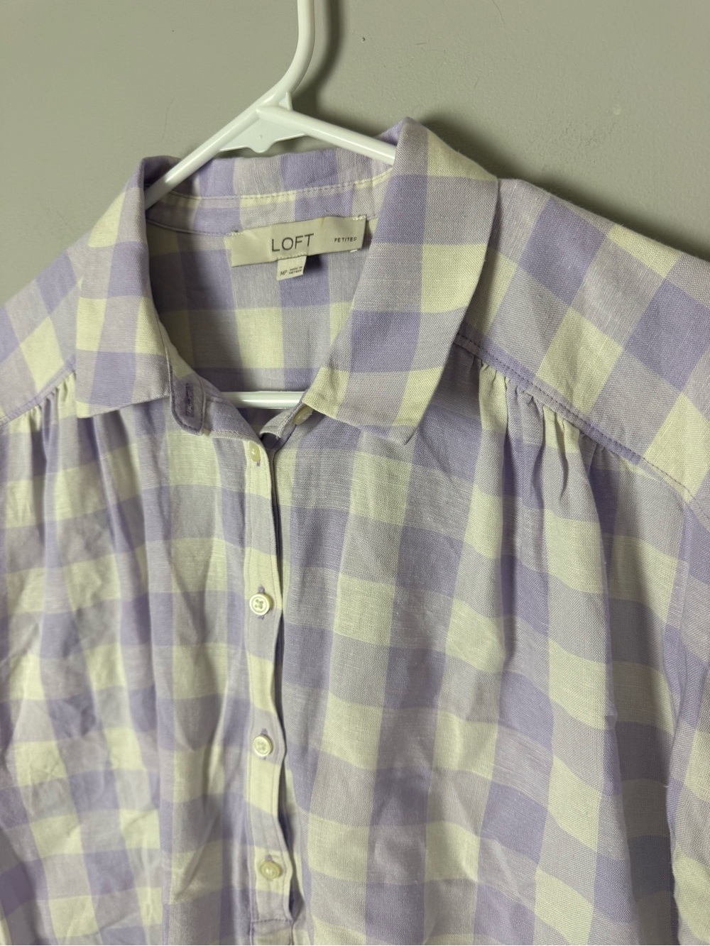 Loft Women’s Lavender White Gingham Plaid Dolman Henley Top SZ MP Linen Blend